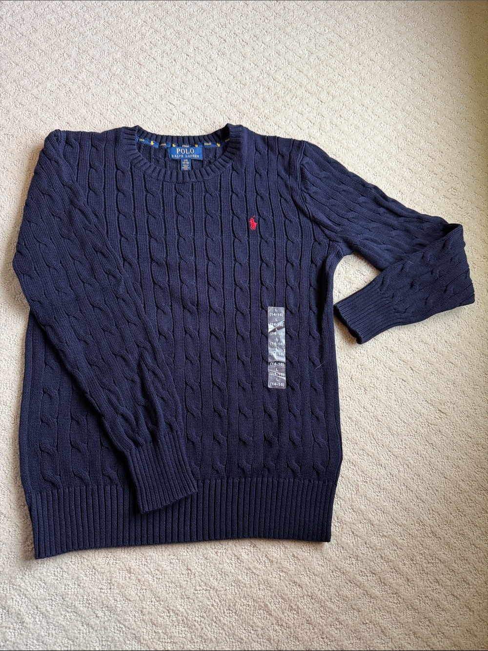 Polo by Ralph Lauren Navy Cable-Knit Crewneck Sweater with Red Pony - Boys 14/16